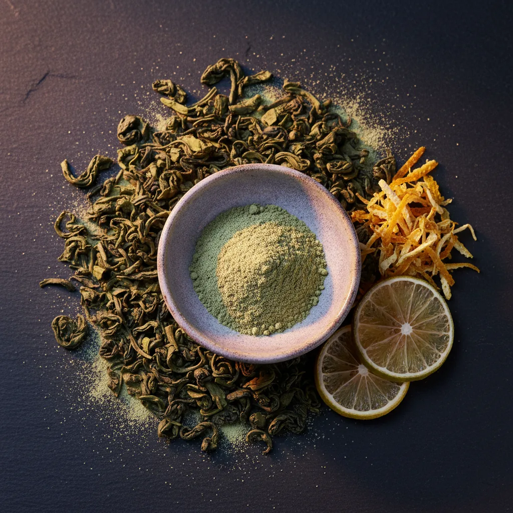 Macro-opname van gedroogde groene thee en garcinia poeder in kommetje - zink voedingssupplement stofwisseling