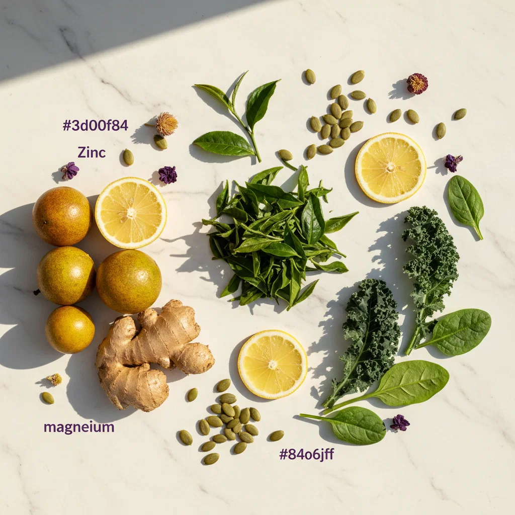 Platte lay van groene thee, garcinia fruit, citroen, pompoenpitten en donkere bladgroenten - ingrediënten plantaardig voedingssupplement stofwisseling