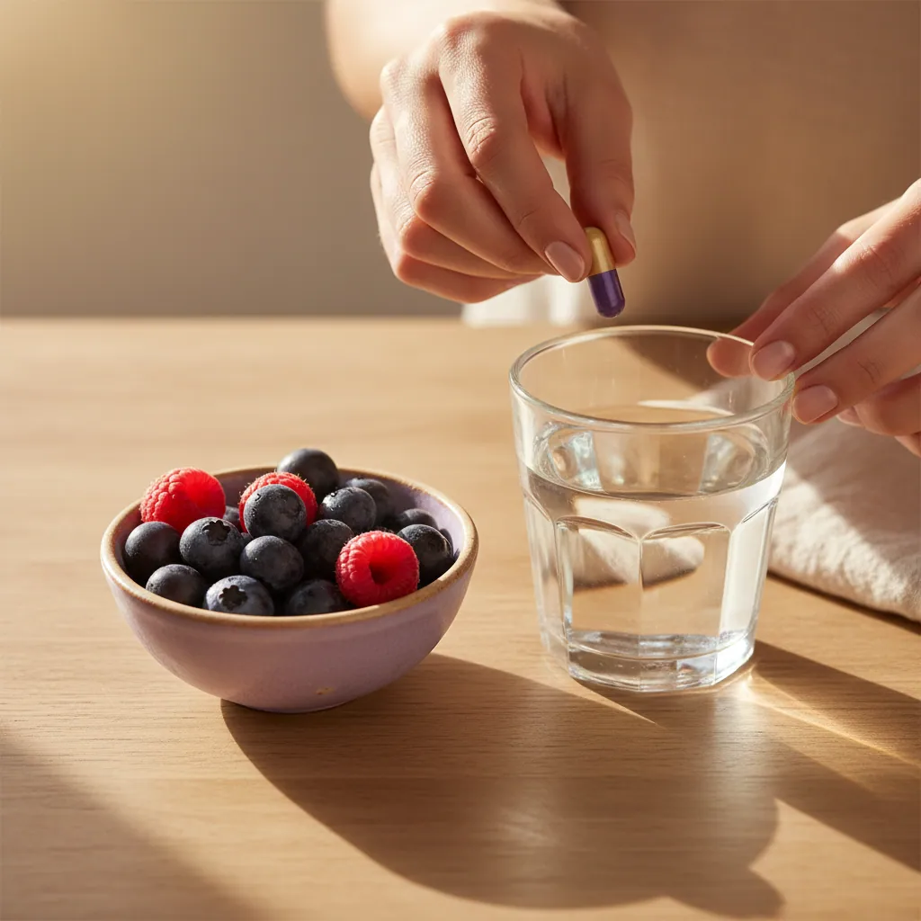 Handen leggen supplement capsule naast glas water en verse bessen - dagelijkse welzijnsroutine