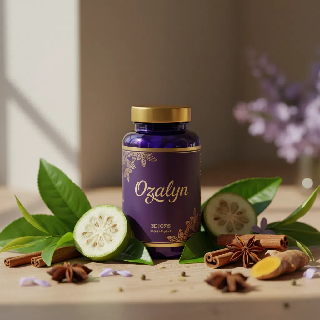 Ozalyn supplement fles naast verse groene thee bladeren en garcinia vruchten - plantaardig supplement dagelijkse routine
